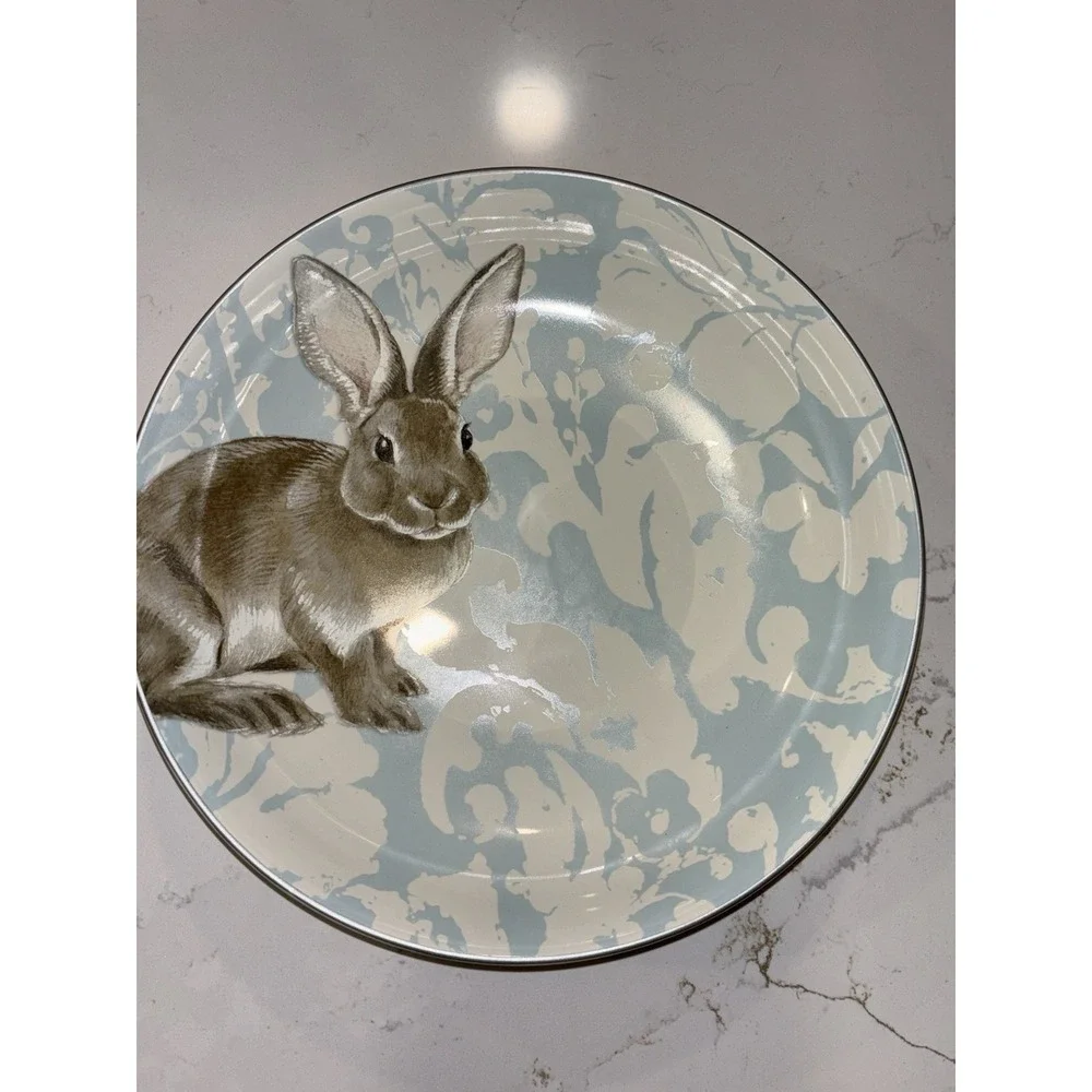 Williams Sonoma Damask Easter Bunny Large Round 3 Qt 12 3/4 Serving Bowl Lt Blue